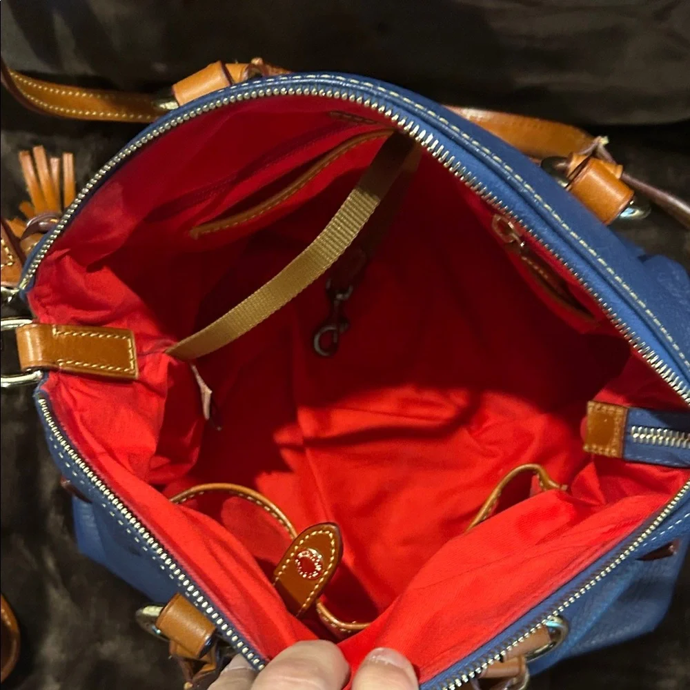 Dooney & Bourke Navy Satchel with Brown Trim - Picture 5 of 16